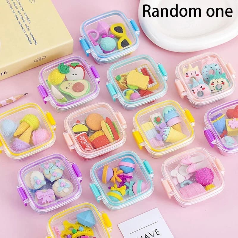 Random 1pc Lunch Box Eraser Set Lovely Eraser Soft Pencil Eraser School Students Stationery Supplies Exquisite Prize Gifts