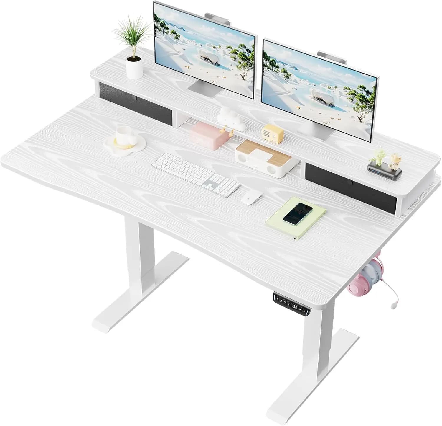 Adjustable desk 120x70 cm with Monitor and Drawers support, Ergonomics for Work, Studio, Gaming, Craftsmanship, White Color