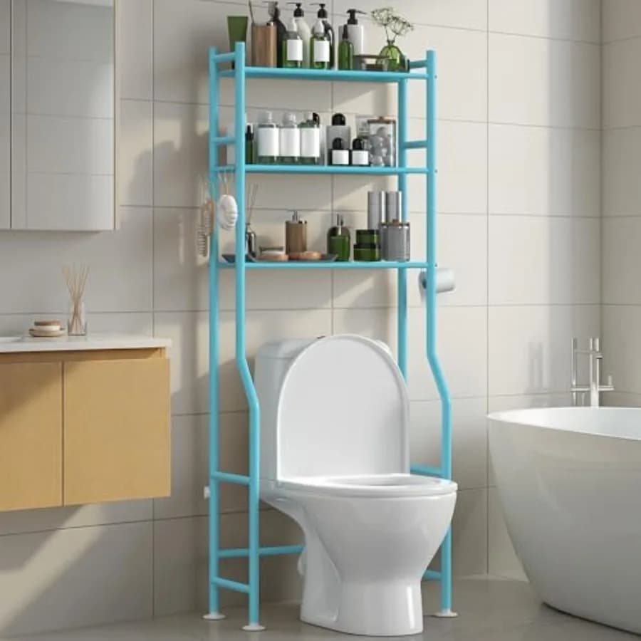 Organizzatore da Bagno a 3 Ripiani Sopra il WC con Portarotolo, in Metallo, per Spazi Piccoli, Autoportante