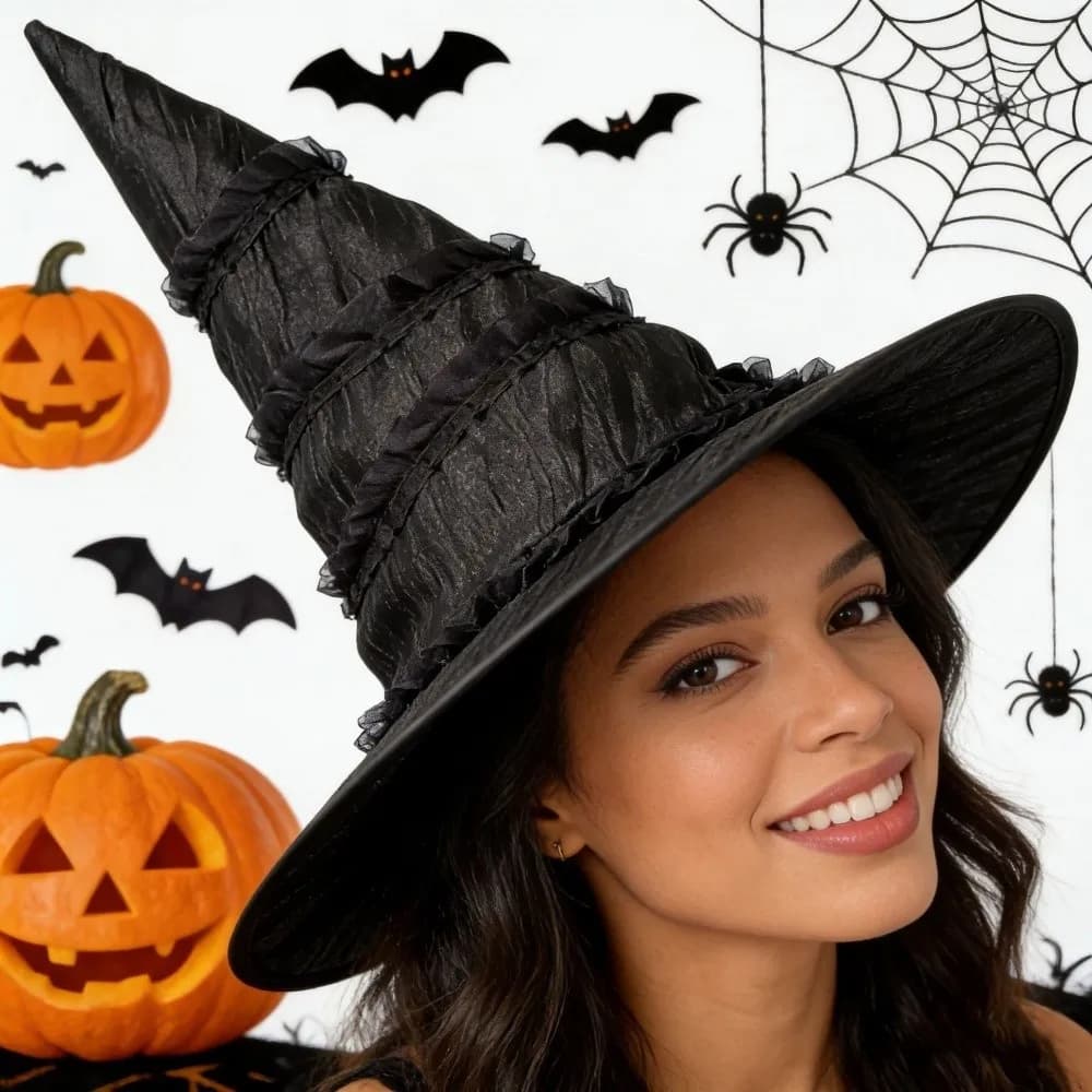 Gothic Halloween Hat Flower Tall Pointed Cone Top Women's Wizard Cap Pointed Mage Hat Removable Ruched Masquerade Cap