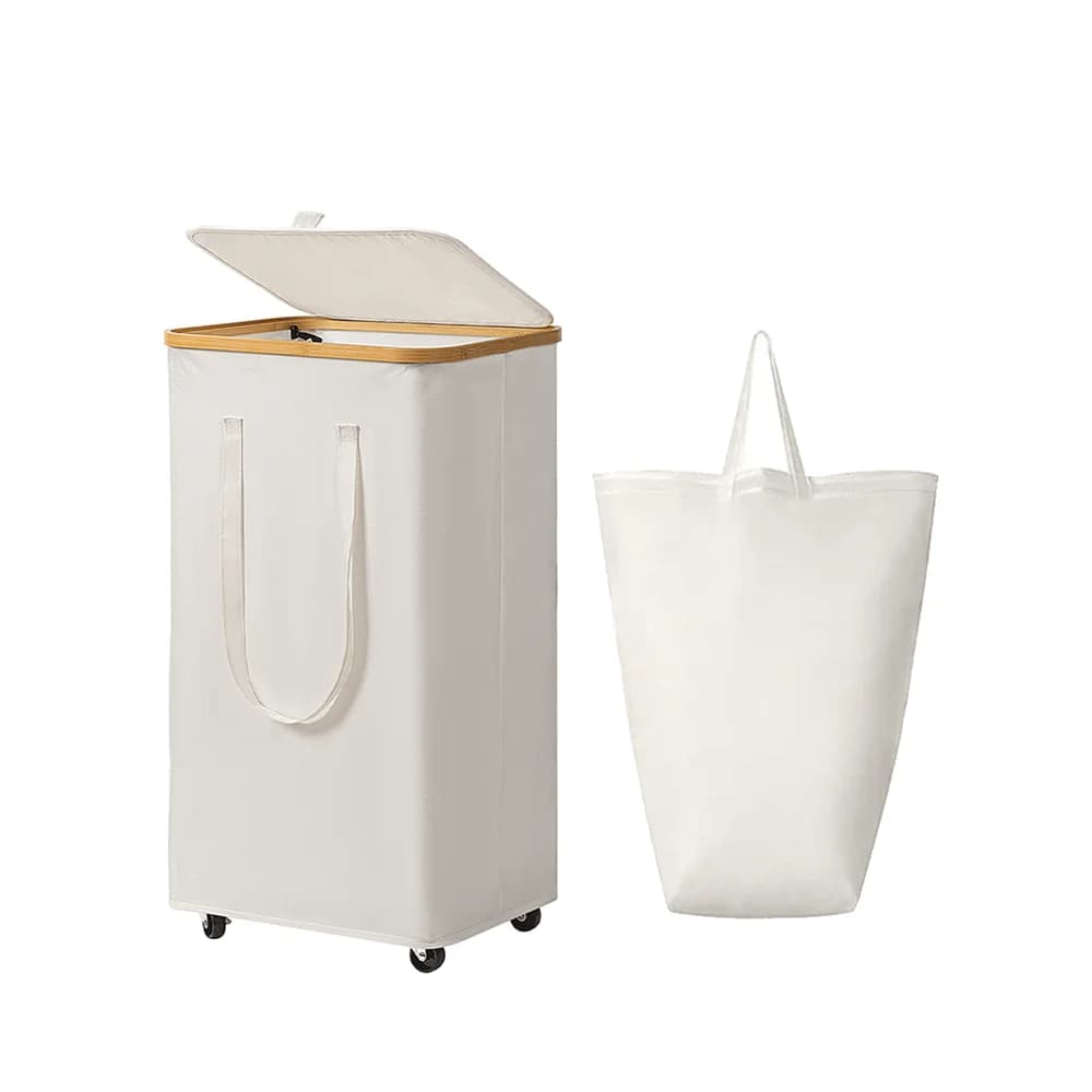 Bamboo Laundry Basket 65L Foldable Design With Wheels and Lid, Removable Inner Bag Clothes Hamper For Household Laundry Storage