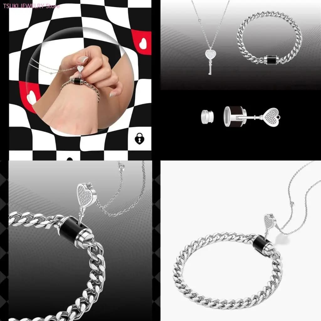 62KE 2 pezzi Bracciale con ciondolo con lucchetto alla Bracciale a catena in metallo Collana con ciondolo chiave a cuore in