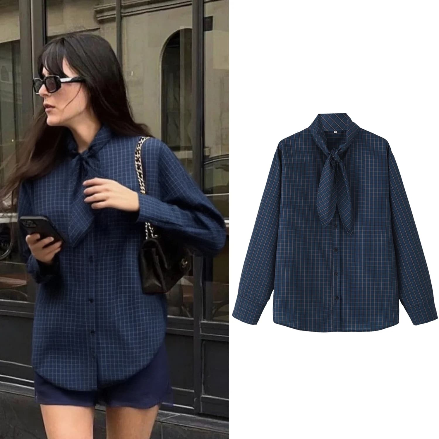 Camicie a Quadri da Donna Primavera Autunno Nuova Moda Femminile con Colletto a Sciarpa e Lacci Manica Lunga Bluse Eleganti Casual Chic