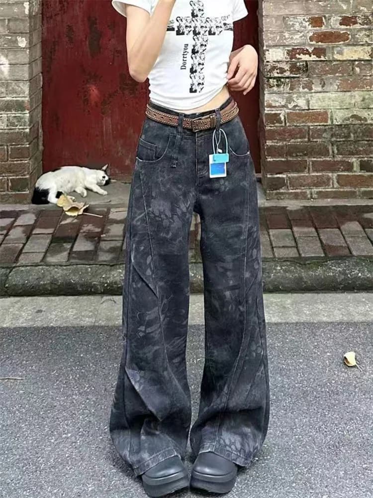 Jeans in denim stile americano taglie forti da donna, a vita alta, slim, a gamba dritta e larga, per autunno inverno