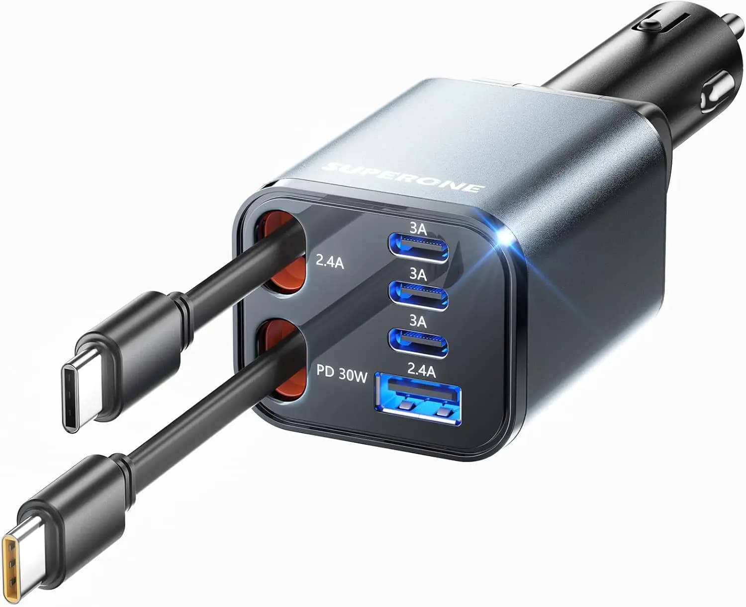 Caricabatterie per Auto a 6 Porte 99W con Cavi USB C Retrattili, Ricarica Rapida per iPhone 16/15/14/13/12, Design Ultra-Compatto