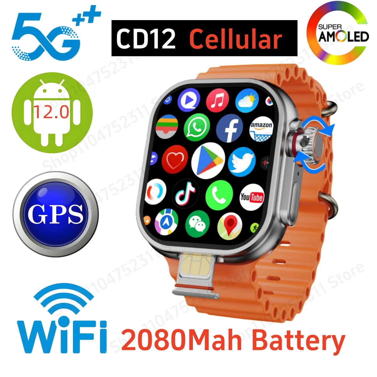 GOLDENSPIKE CD12 Smartwatch Android 12.0 5G LTE Sim Card Rotary Camera 2.26 pollici Amoled 490*580 Schermo HD 2080Mah Smart Watch