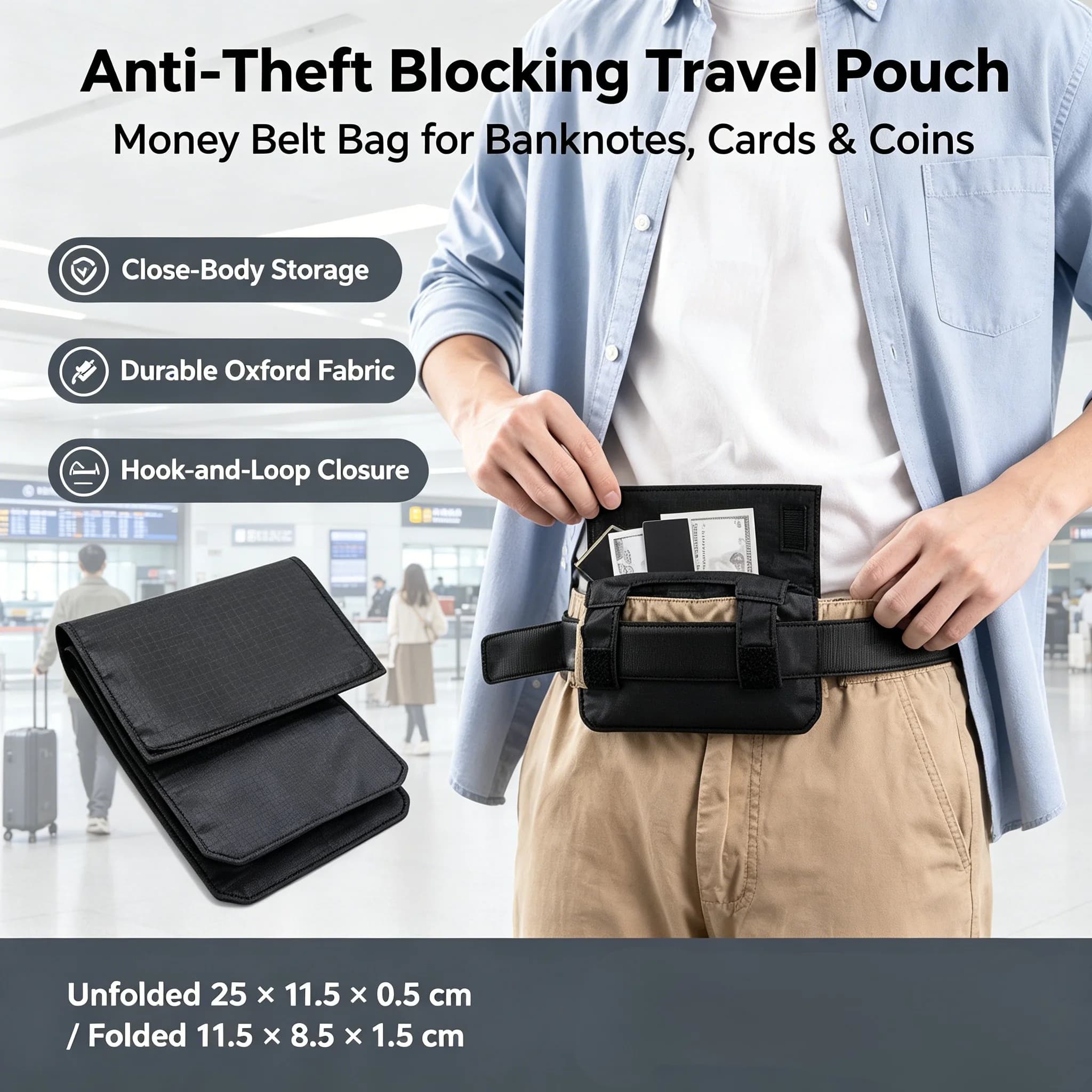 Anti-Theft Travel Waist Money Pouch RFID Blocking Hidden Passport Holder Slim Belt Wallet Bag for Men Women Outdoor