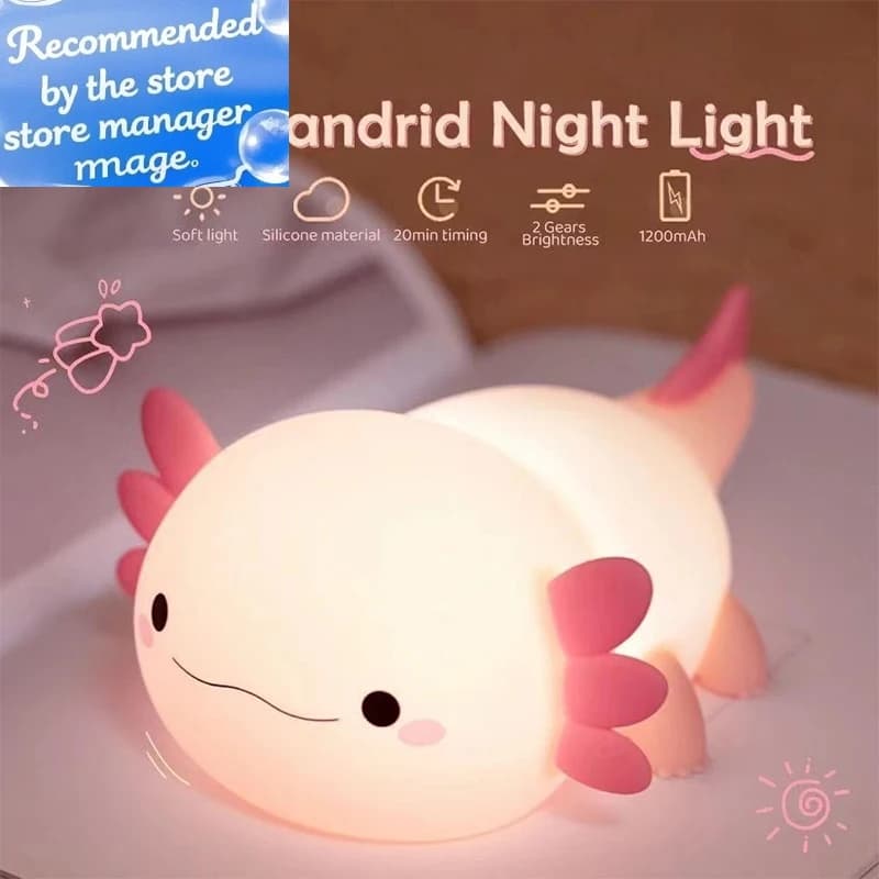 Lampada Notturna a Forma di Axolotl, Luce Notturna in Silicone per Cameretta, Controllo Touch, Ricaricabile USB, Lampada da Tavolo per Bambini