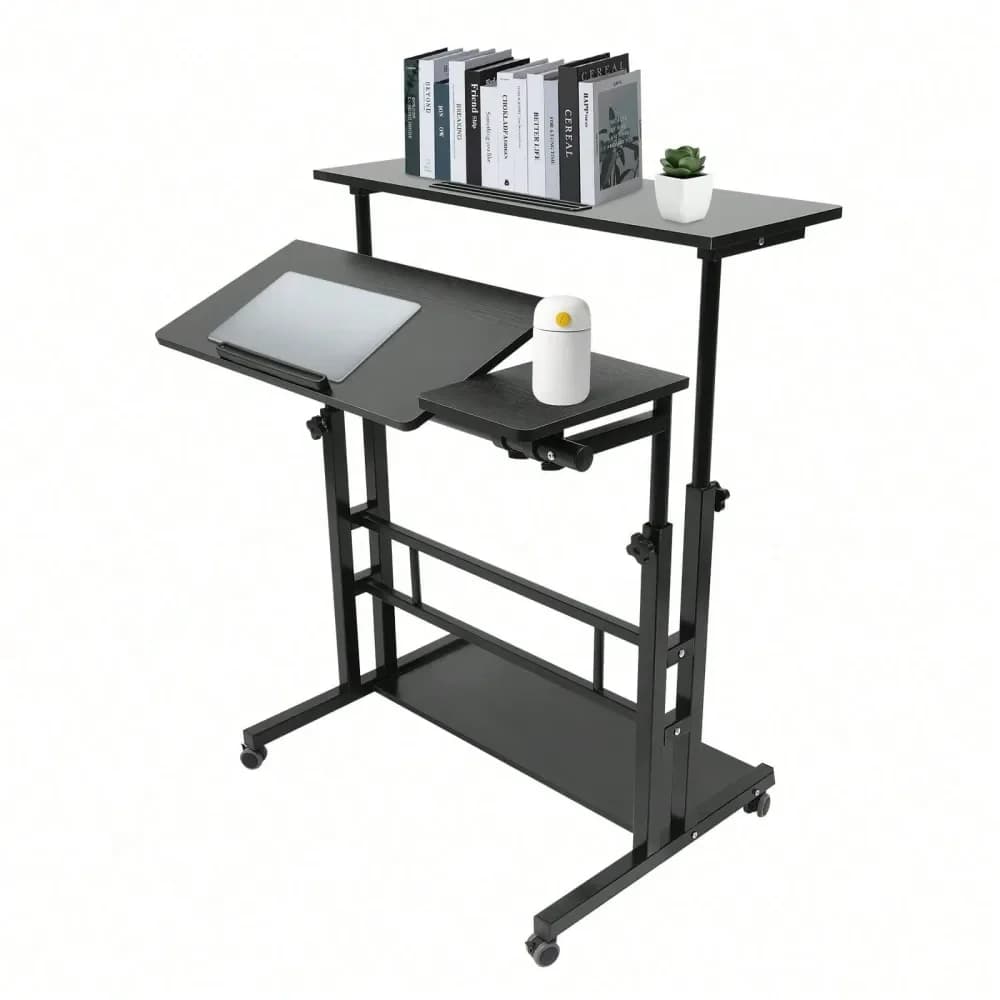 Scrivania Regolabile in Altezza, Tavolo per Laptop con Rotelle, Scrivania Sit-Stand per Casa e Ufficio con Piano Ribaltabile
