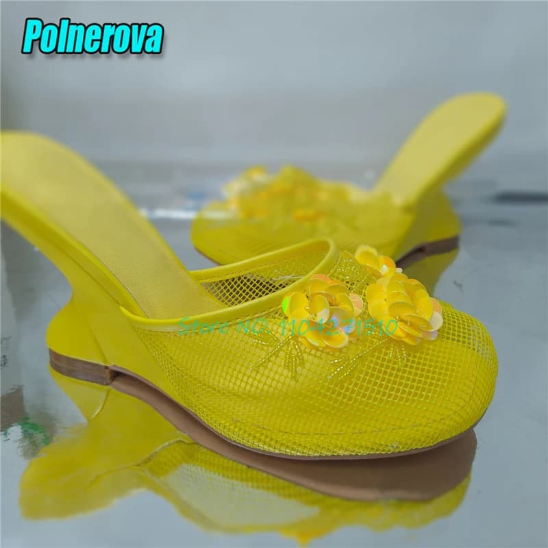 Women's net Slippers with yellow sequins Sandals with strange heel in crystal flower Summer Party shoes with high heel with solid round tip of new fashion