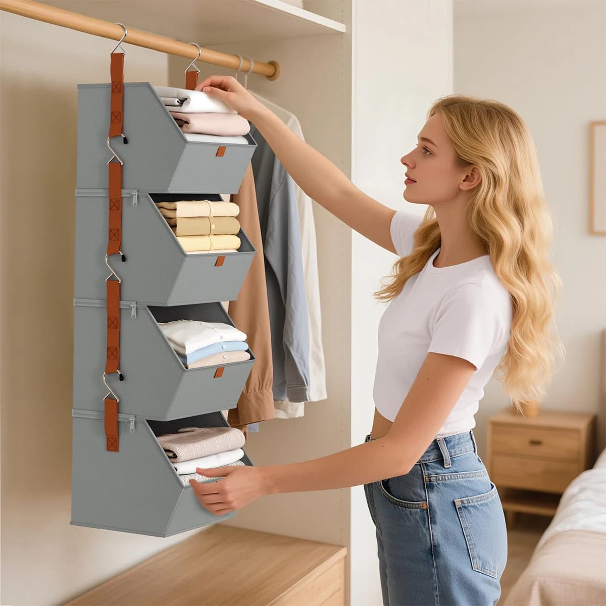Organizzatore per armadio sospeso a 4 livelli: ripiani per appendere vestiti, sistema di armadio salvaspazio, contenitori per la camera da letto