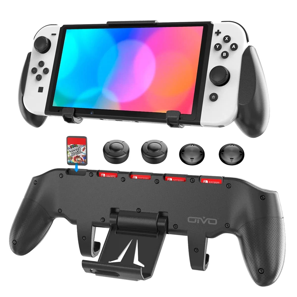 OIVO per Switch/Switch Supporto per impugnatura OLED Maniglia per supporto regolabile Supporto per controller asimmetrico 5 slot per schede per N-Switch e OLED