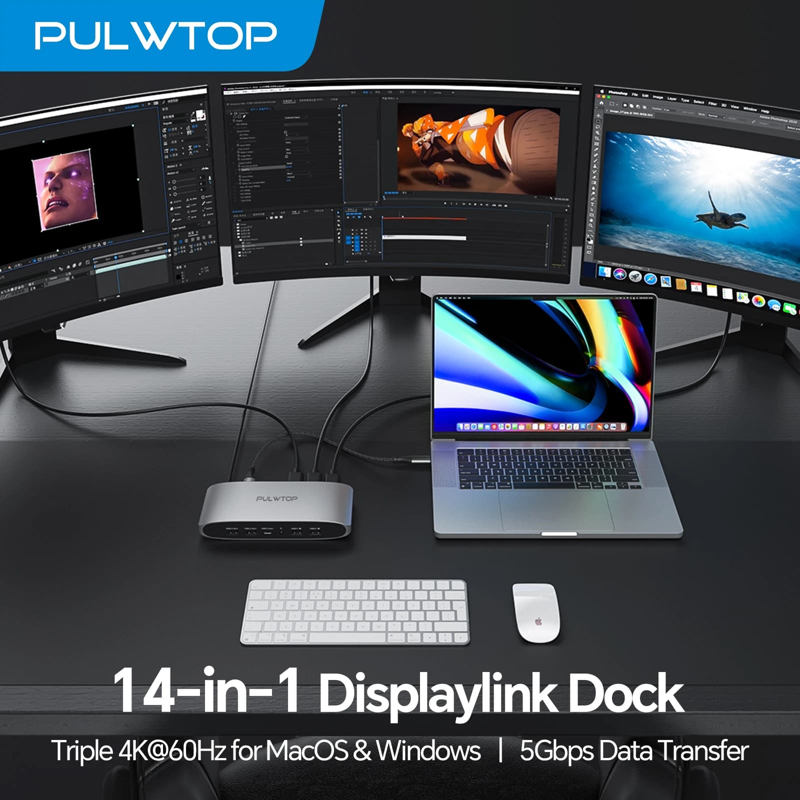 Docking station PULWTOP Displaylink con 2 HDMI 4K@60Hz, 2 porte display, PD, dati USB C, 4 USBA, Ethernet, audio