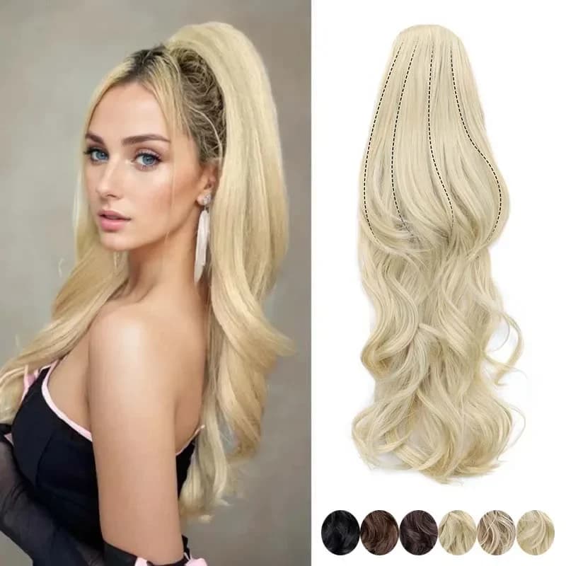 22 Inch Long Corrugated Layered Horsetail Drawstring Clip in Black Blond Hair for Women