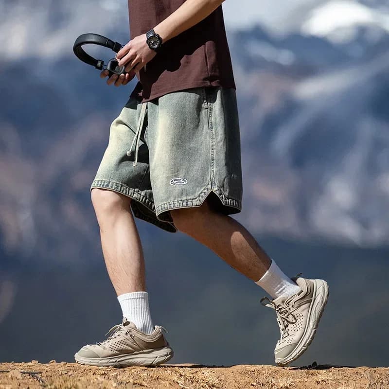 New Trendy Brand Embroidery Japanese Casual Loose Drawstring Five-point Pants Tooling Denim Shorts Men