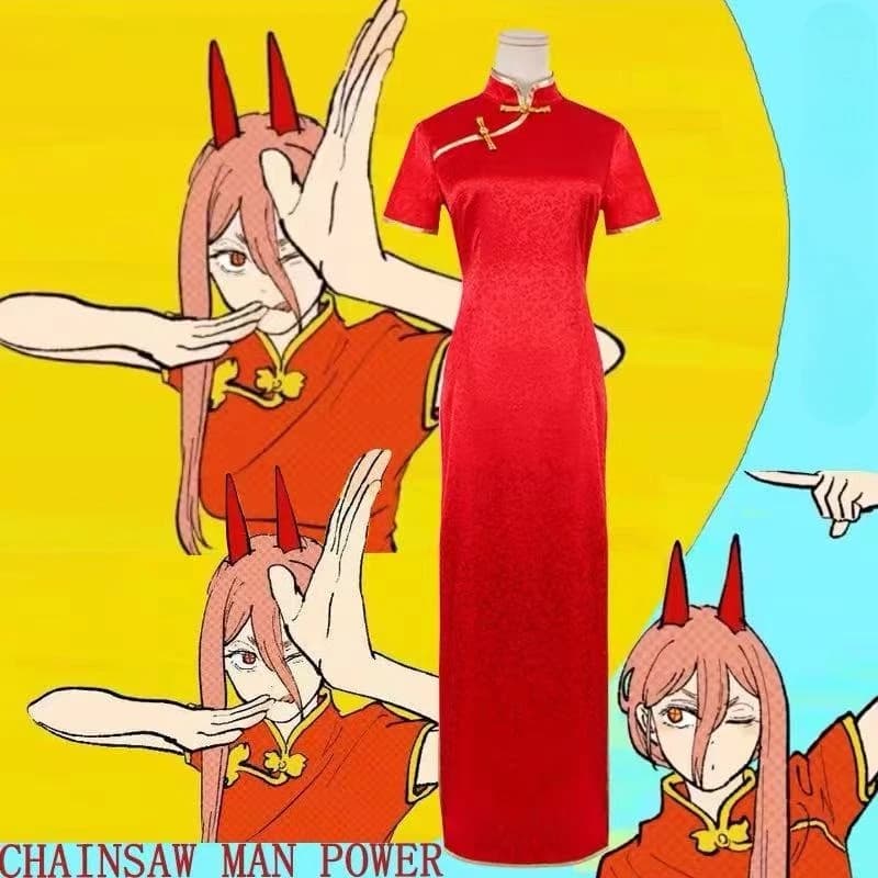 Costume Cosplay Anime Chainsaw Man Power, Abito Cheongsam Rosso in Stile Cinese, Vestito Tradizionale Sexy da Donna per Festival