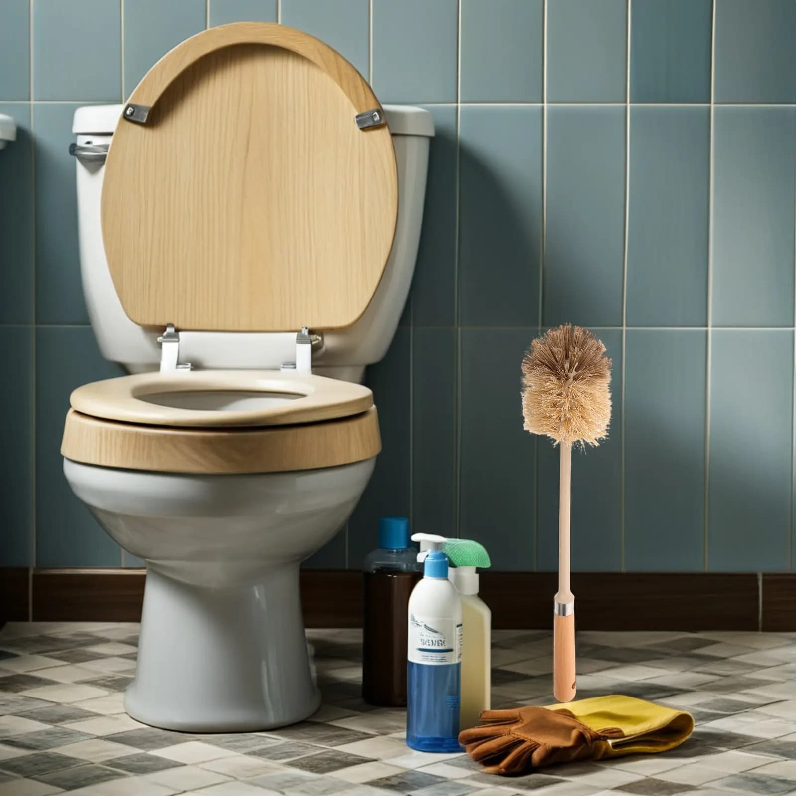 Set di 2 Spazzole per WC in Legno con Manico Lungo, Strumento di Pulizia per Bagno Riutilizzabile, Design Ergonomico in Legno Naturale per Casa e Hotel, Efficiente