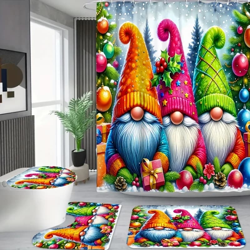 Set di tende da doccia con motivo gnomi natalizi da 4 pezzi, tenda da doccia con 12 ganci, tappetino da bagno antiscivolo, tappetino da toilette a forma di U, WC