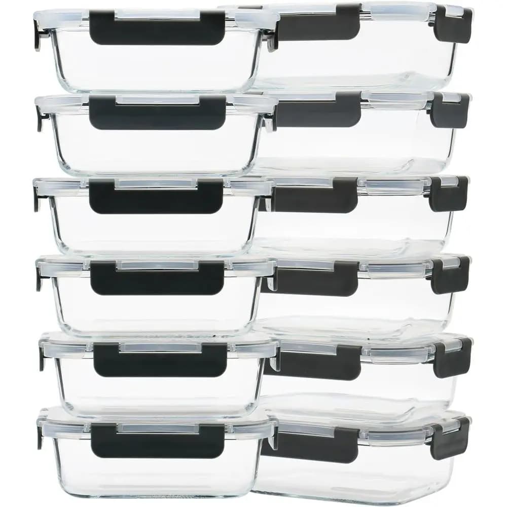 Set di 12 Contenitori in Vetro da 22oz per Preparazione Pasti con Coperchi, Ermetici e Resistenti alle Perdite, Adatti per Freezer e Microonde - Grigio