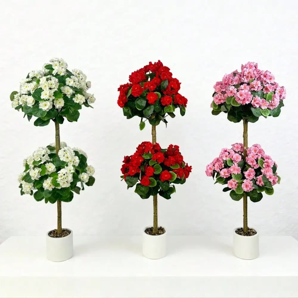 Piante artificiali in vaso da 4FT, topiaria artificiale con due gerani a forma di sfera, pianta in plastica e seta in vaso bianco per decorazioni interne/esterne