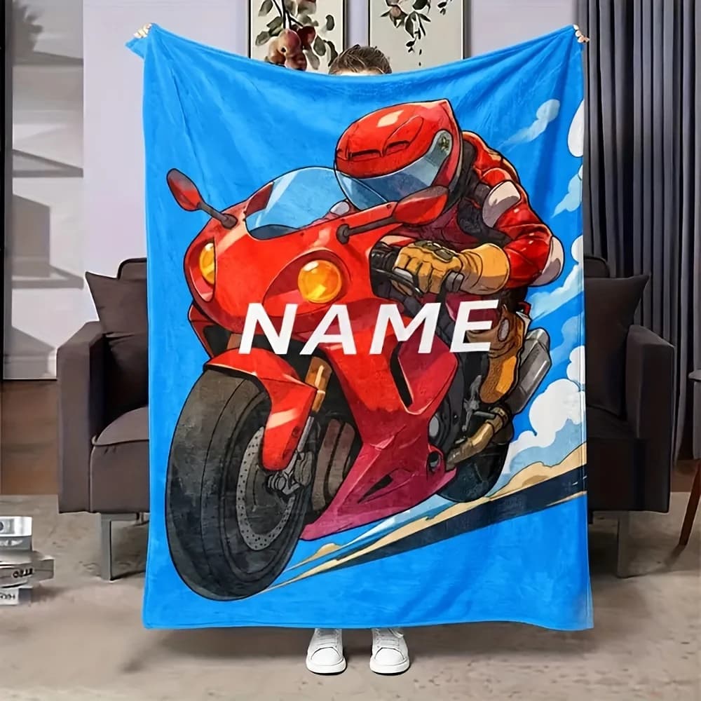 Multi Functional Motorcycle Plaid Fleece Blanket with Modern Digital Printing, Comfortable and Suitable for All Seasons