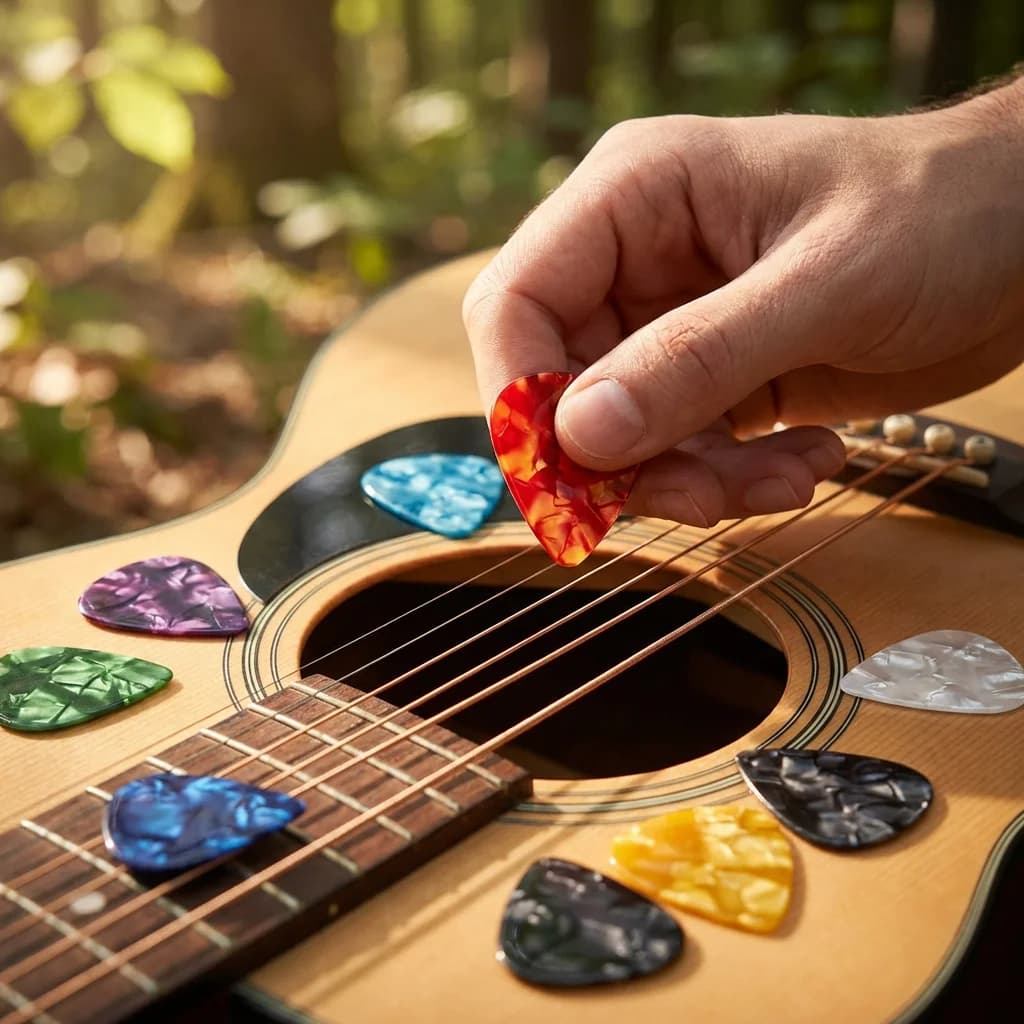 Scatola Misteriosa di Plettri Assortiti per Chitarra, Colori Casuali e 3 Spessori (0.5/0.75/1mm), Plettri con Texture Unica per Tutti gli Stili