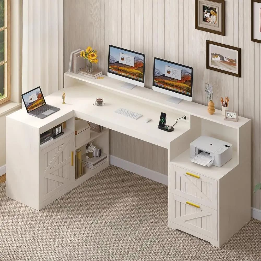 L-Shaped Desk with Storage, 62.2 Home Office Desk, Monitor Stand, Printer Shelf, White