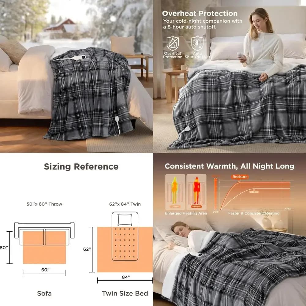 Coperta Elettrica in Flanella Grigia con 6 Livelli di Calore, 10 Timer, Spegnimento Automatico Dopo 8 Ore, Ideale per Nonne