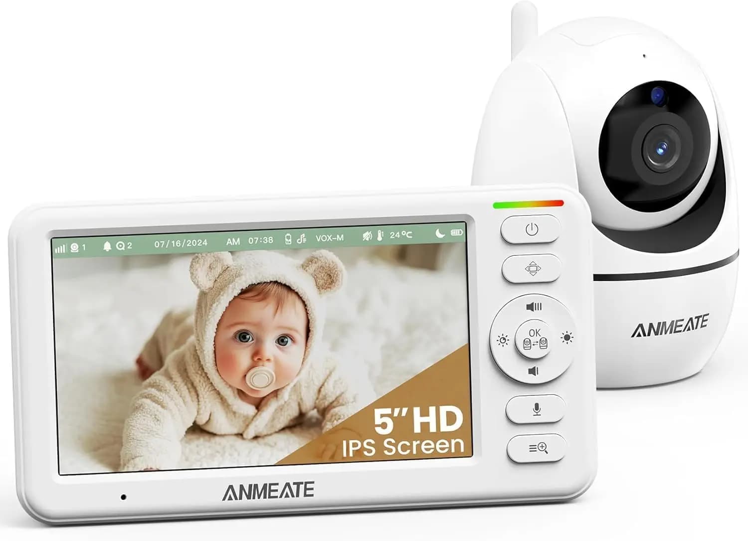 Monitor Video per Bambini HD da 5 Pollici con Telecamera, Batteria 48H, Zoom Pan-Tilt 720P, Comunicazione Bidirezionale, Visione Notturna e Sensore di Temperatura