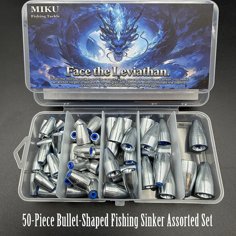 50 pezzi per scatola di set di pesi da pesca in acciaio duro per basso a forma di proiettile, accessori per lavandino per pesci gatto, accessori per la pesca
