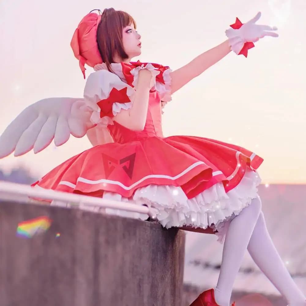 MMGG Nuovo Costume Cosplay Card Captor Sakura, Camicia, Fiocco, Guanti, Cappello, Abito Cosplay KINOMOTO Sakura, Realizzato su Misura