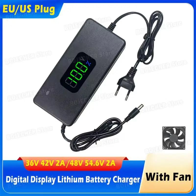 NEW 36V 42V / 48V 54.6V 2A Digital Display Lithium Battery Charger DC5525 Plug Power Supply Adapters With Cooling Fan EU US Plug