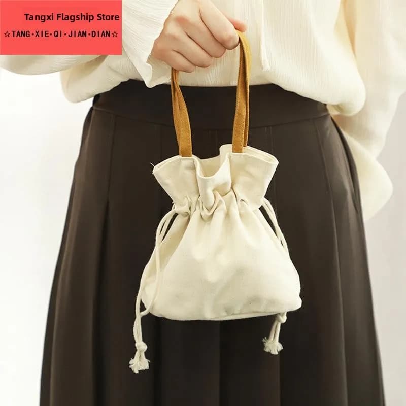 Canvas Storage Bag Drawstring Mouth Handheld Mobile Phone Key Coin Storage Bag Pure Color Artistic Simple