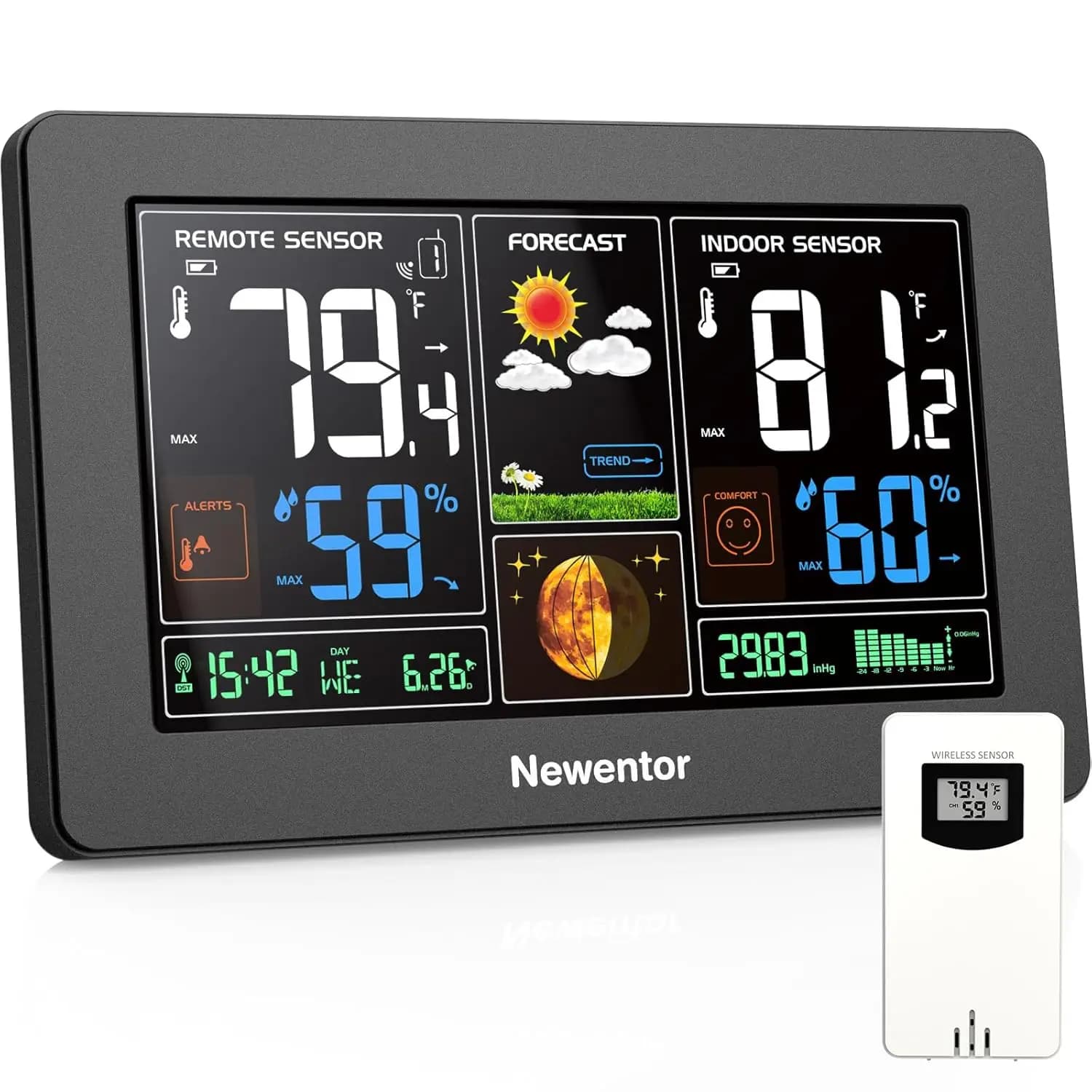Wireless weather station, digital thermometer with atomic clock, pressure and barometric forecast, adjustable backlight, black