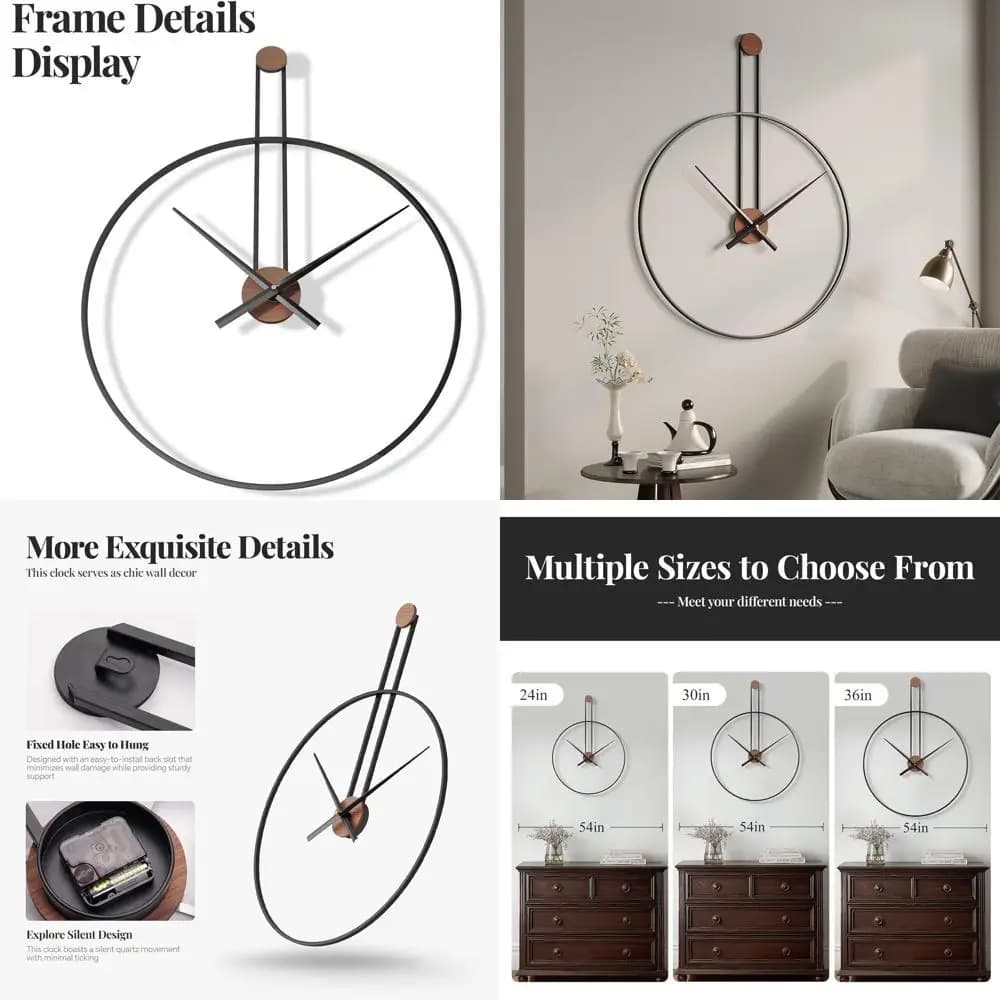 Large Silent Wall Clock 30 Inch Battery, Design Rustic Black Metal Minimalist for Living, Office, Bedroom, Dining Room