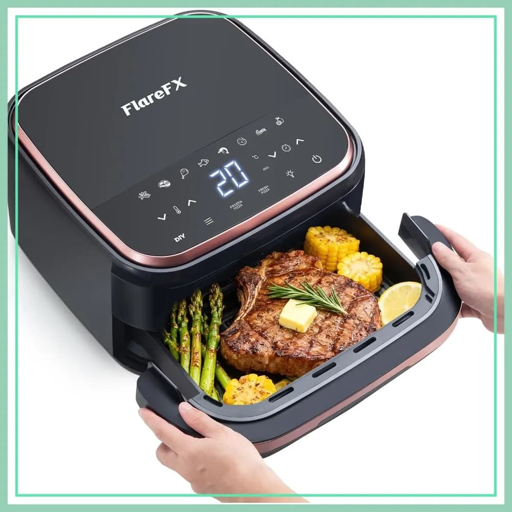 Friggitrice ad Aria da 4,5QT con 11 Programmi Preimpostati, Doppio Riscaldamento e Rotazione a 360° ° Flusso d'aria, Finestra di visualizzazione, Display touch, Antiaderente, Arrostire, Cuocere, Disidratare