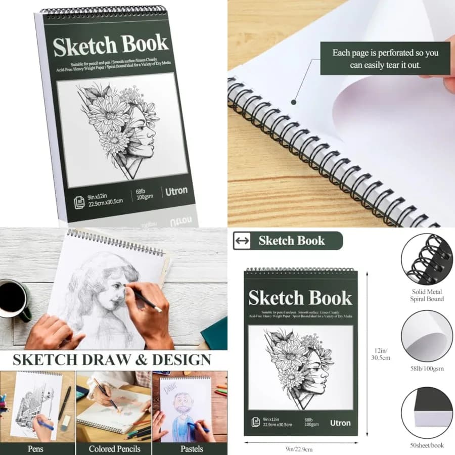 9x12 Sketchbook Drawing, Top Spiral Sketching Pad, 100GSM/68LB Acid Free Art Sketching Pad, Drawing Paper, Beginner Artist 50 S