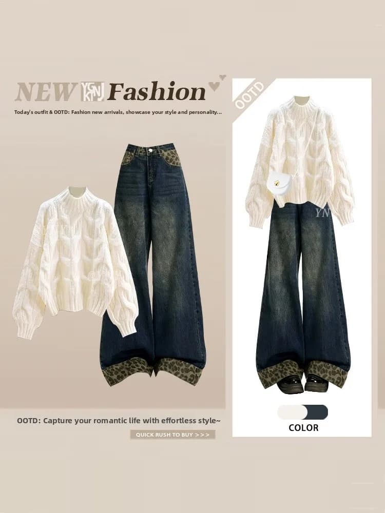 Loose Wide Neck Sweater And High Waist Jeans Set Women's Fashion Spring Autumn Plaid Knitwear And Denim High Waist Trousers