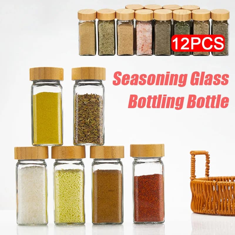 Contenitore per barattoli di vetro ermetici quadrati da 12 pezzi con coperchio in legno Bottiglia di condimento in vetro trasparente da 120 ml Forniture per la cucina domestica