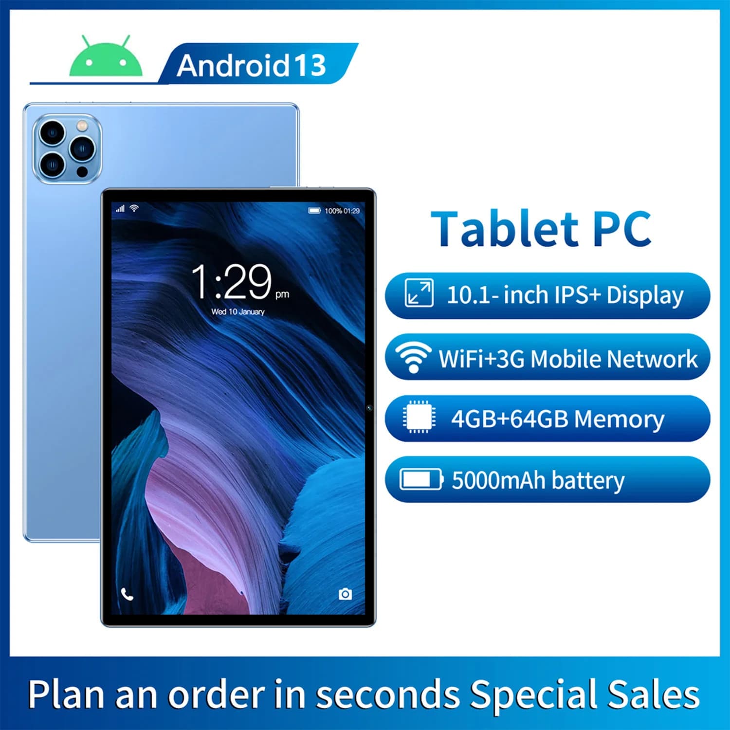 New 10 Inch Android Tablet Global Version with Google Play, 4GB RAM, 64GB ROM, Octa Core, 3G Calls, Dual SIM, WiFi