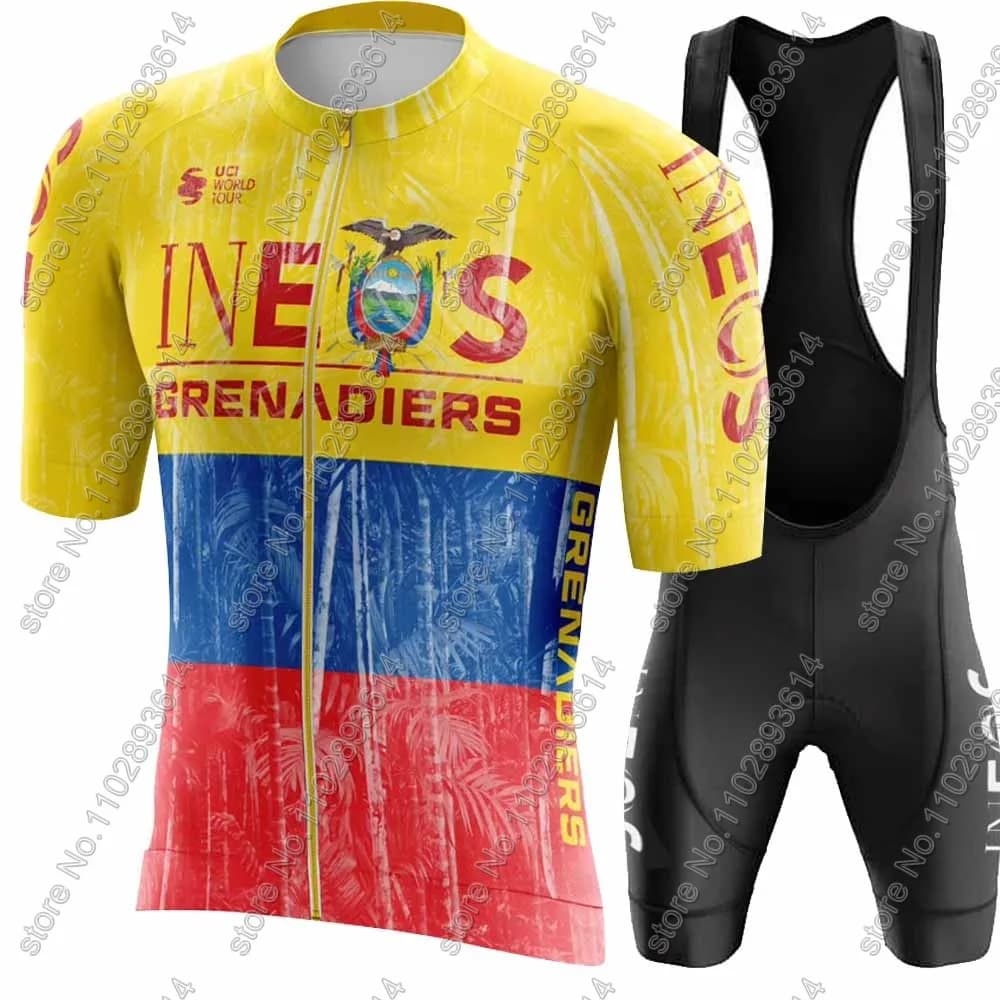 Ineos Grenadier 2024 Cycling Knit Set Mens Short Sleeve Ecuador Dress Kit Road Bike Jumpsuit Cycling Shorts with Maillot Suspenders