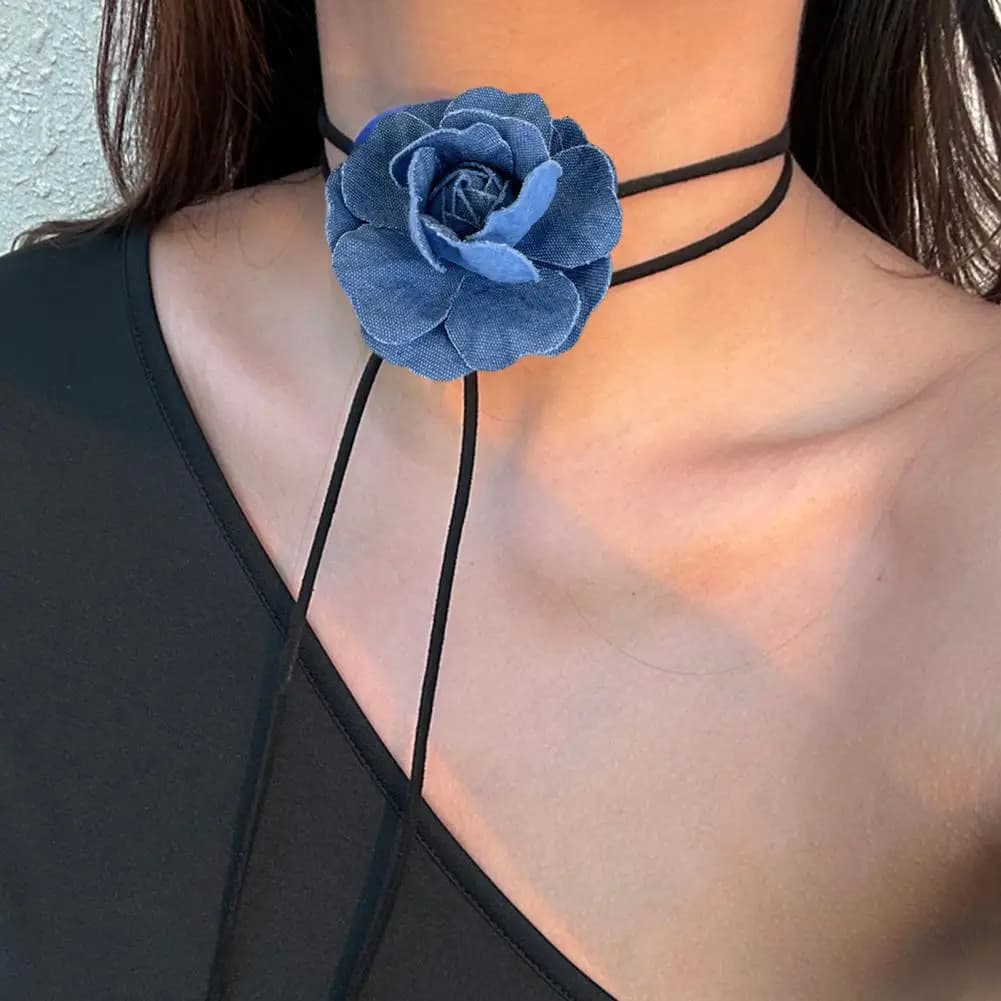 2 pieces woman blue denim flower necklace bracelet flower artificial camel necklace with long wrapping neck tie accessories for bride W