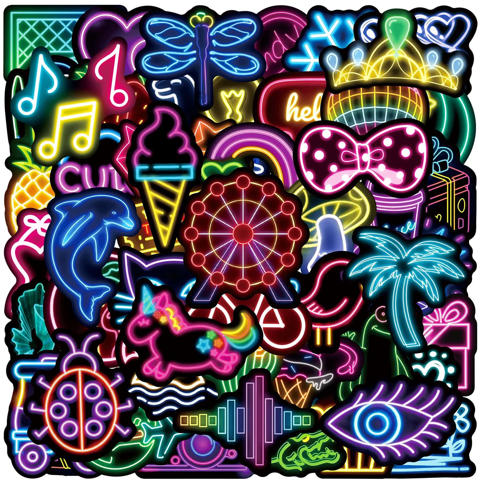 Confezione da 50 Adesivi Neon Cartoon Carini, Impermeabili e Decorativi per Laptop, Skateboard, Cellulari, Valigie, Caschi