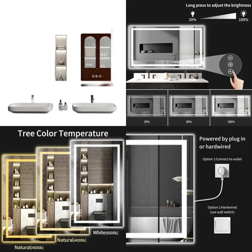 Specchio LED da Bagno Dimmerabile 36x48 con Funzione Antiappannamento, Retroilluminazione, Memoria e Vetro Temperato Infrangibile