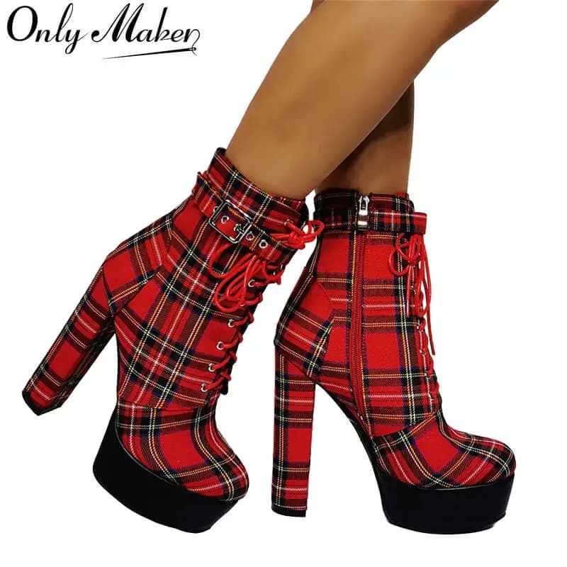 Onlymaker Stivaletti con plateau da donna Cinturino con fibbia Tacco alto grosso Punta tonda Plaid Lace Up Stivali a quadretti Cerniera di grandi dimensioni