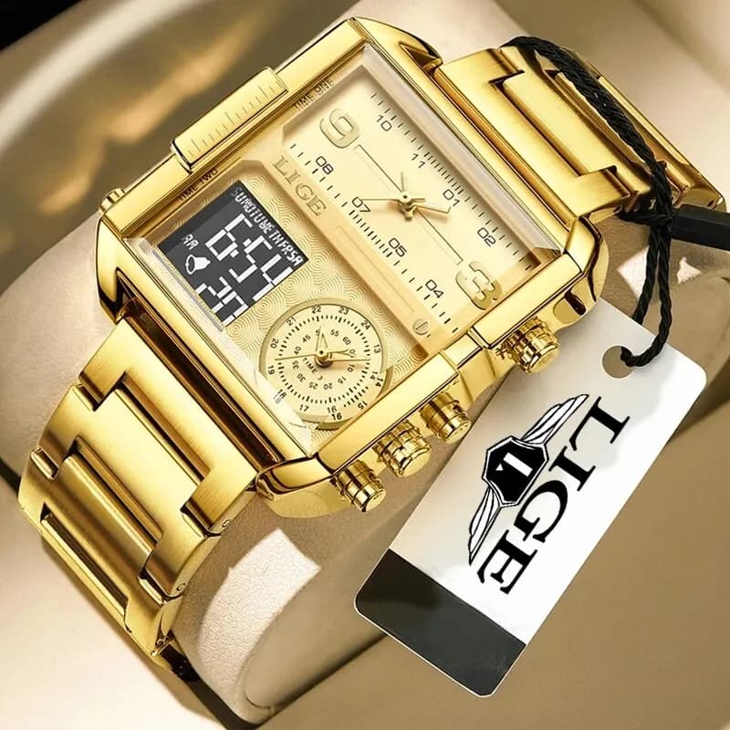 LIGE Orologio da polso sportivo da uomo originale di lusso Orologio da polso sportivo in acciaio al quarzo dorato impermeabile con doppio display Orologi da uomo Relogio Masculino