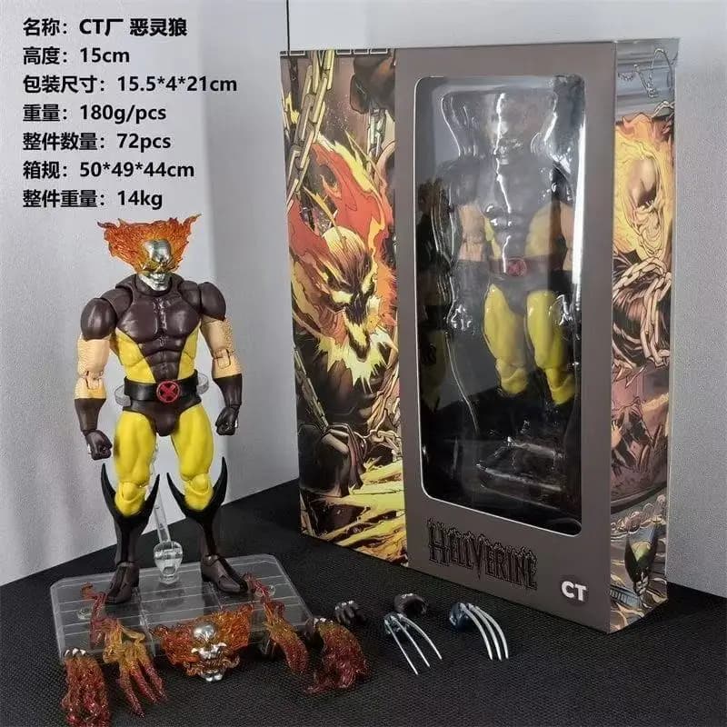 Action Figure Articolata Ct Hellverine Ghost Rider Wolverine X-Men Marvel Comics, Costume Marrone e Giallo, 15cm, Modellino da Collezione