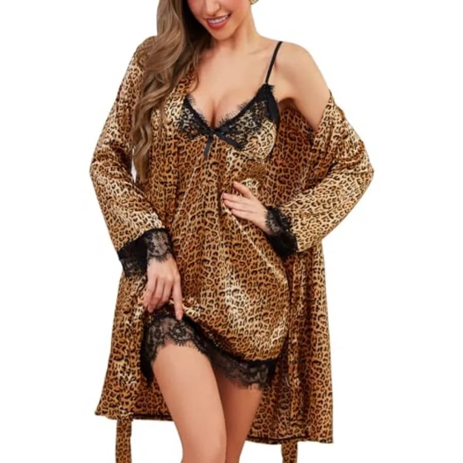 Womens Silk Lingerie Robe Nightgown 2 Piece Pajamas Set Sexy Lace V Neck Cami Satin Sleepwear