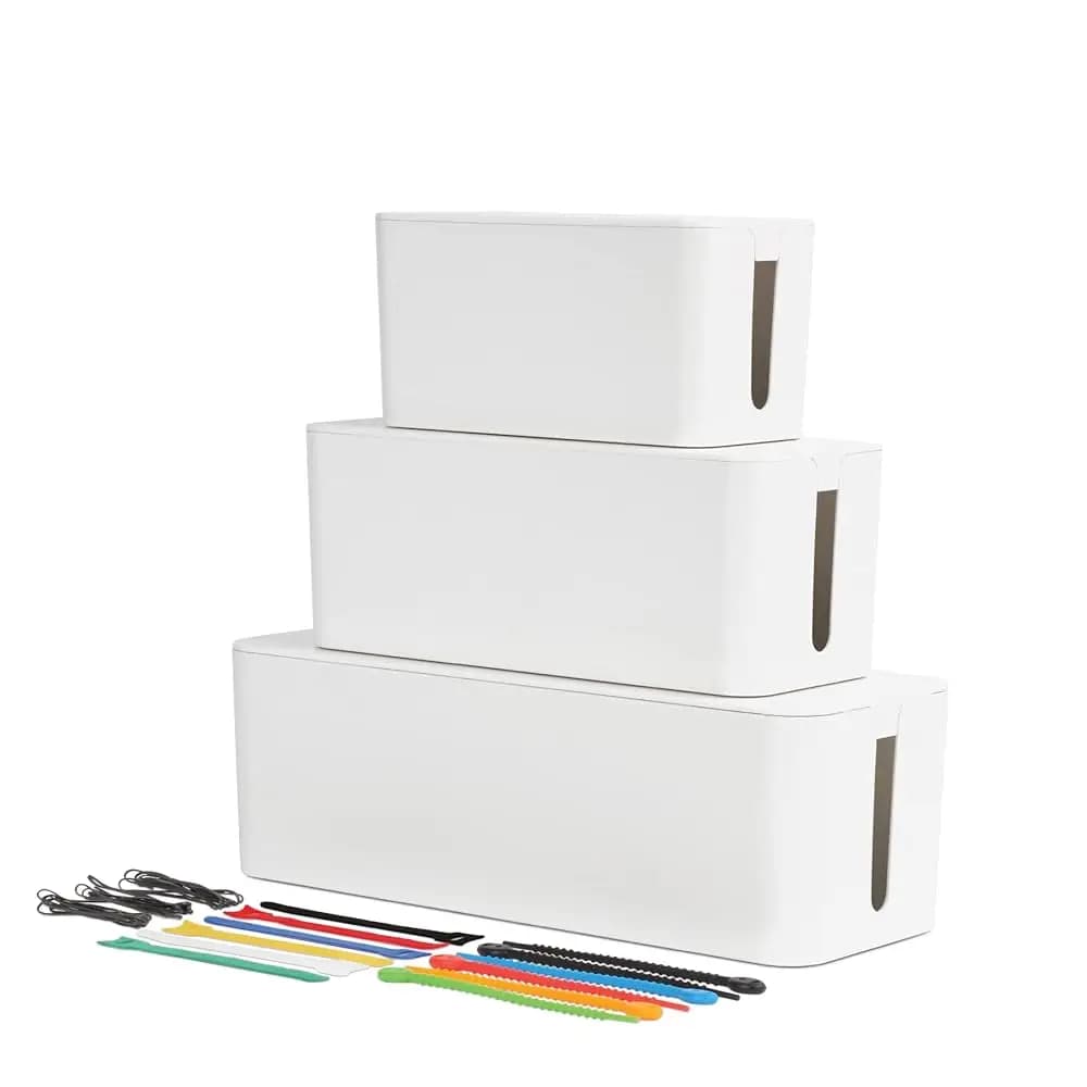 Scatole per la gestione dei cavi, confezione da 3, piccole, medie, grandi, 15 fascette per cavi (con gancio e anello, in silicone, a torsione), per organizzare le prolunghe elettriche
