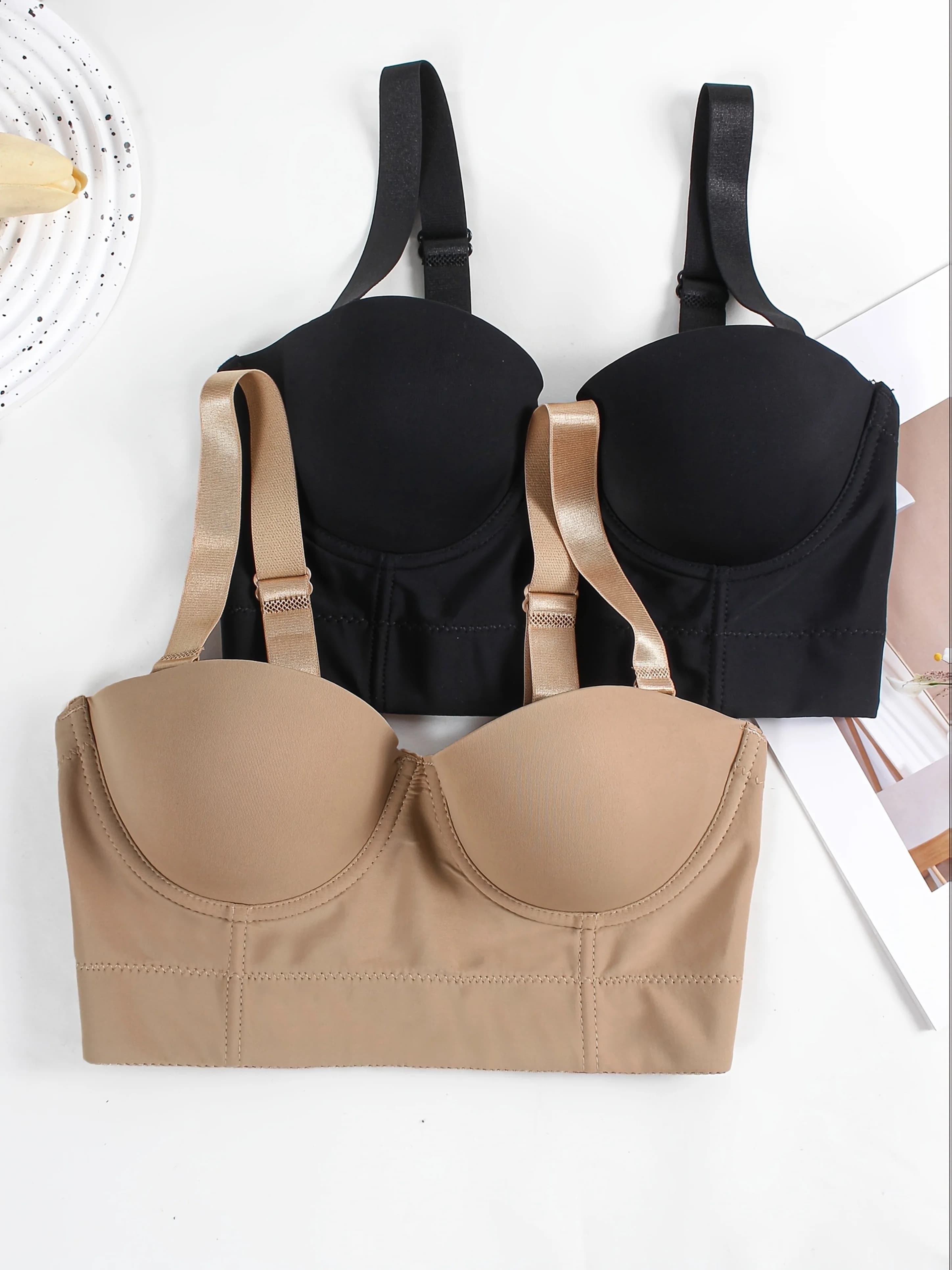 Reggiseno da donna a mezza coppa senza spalline con ferretto, 2 pezzi, nasconde il grasso della schiena, reggiseno liscio a coppa profonda